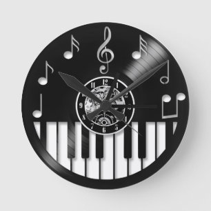 Reloj Redondo Mediano Elementos de piano y música de vinilo