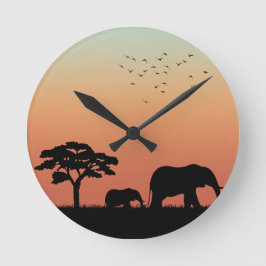 Reloj Redondo Mediano Elephant Silhouette de Safari Africano Sunset