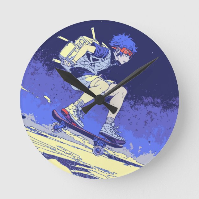 Reloj Redondo Mediano Embarque en el espacio - Diseño de Skateboarder (Anverso)