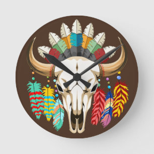 Reloj Redondo Mediano Emblema de cráneo de búfalo nativo americano