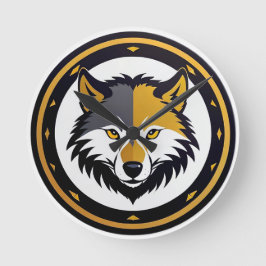 Reloj Redondo Mediano Emblema de Lobo con Círculo Dorado