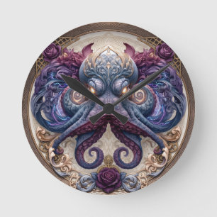 Reloj Redondo Mediano Emblema de pulpo steampunk con rosas púrpura