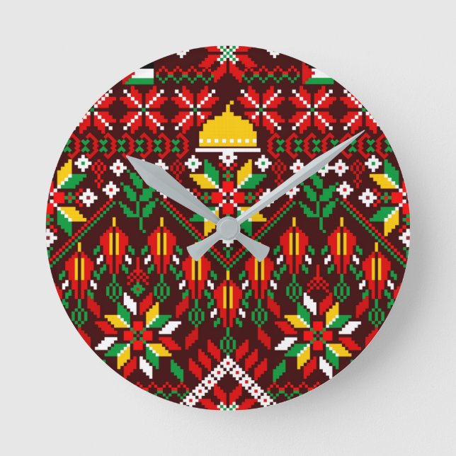 Reloj Redondo Mediano Embrodería tradicional de Palestina Tatreez (Anverso)