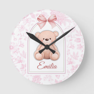 Reloj Redondo Mediano Emilia   Diseño de guardería de osito rosado perso