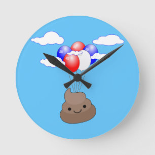 Reloj Redondo Mediano Emoji Poo Volando Con Globos En Cielo Azul