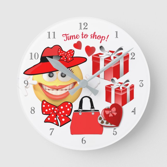 Reloj Redondo Mediano Emoji sonriente con compras, hora de comprar cl re (Anverso)