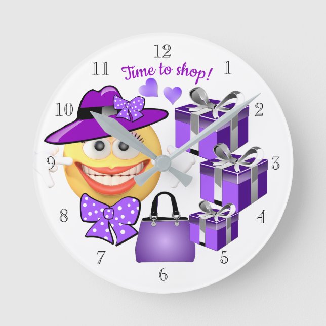 Reloj Redondo Mediano Emoji sonriente con compras, tiempo de comprar (Anverso)