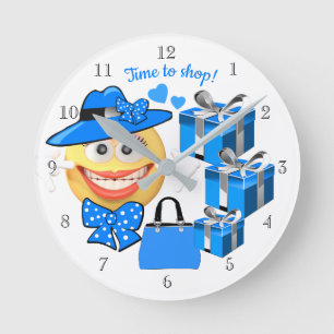 Reloj Redondo Mediano Emoji sonriente con compras, tiempo de compras