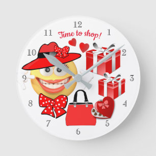 Reloj Redondo Mediano Emoji sonriente con compras, tiempo de compras