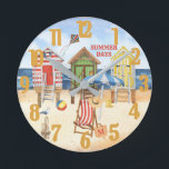 Reloj Redondo Mediano En verano en el agua de la playa de Shore<br><div class="desc">Disfruta de esta divertida y colorida escena de cabinas de playa - relájate y estarás allí cuando quieras. Añade tu monograma a la bolsa de playa o borra y puedes decidir cambiar los "días de verano" a tu tema personal. Cualquier pregunta de diseño, sólo envíe un correo electrónico a charmdesignstudio@rcn.com...</div>