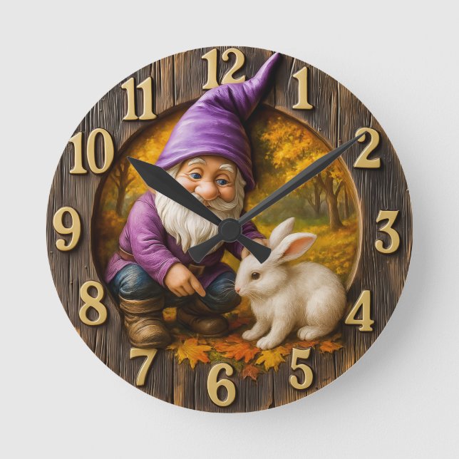 Reloj Redondo Mediano Enano mágico y conejo en bosques de otoño (Anverso)