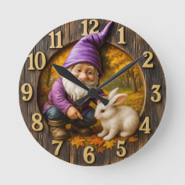 Reloj Redondo Mediano Enano mágico y conejo en bosques otoñales