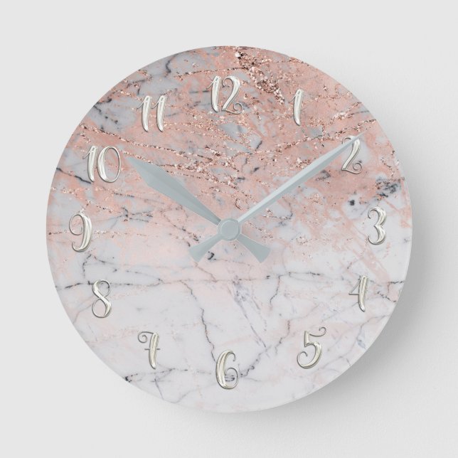 Reloj Redondo Mediano Encanto moderno de mármol de plata rosado (Anverso)