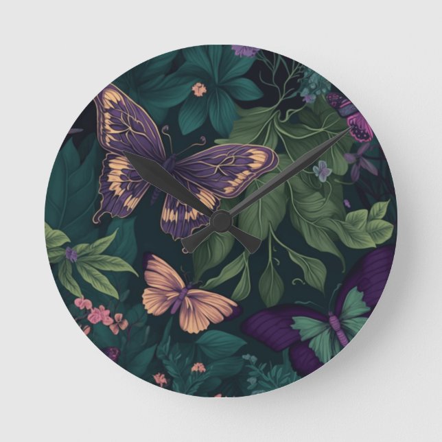 Reloj Redondo Mediano Enchanted Forest Butterflies Botanical Clock (Anverso)