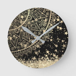 Reloj Redondo Mediano Enchanting Mandala with Gold Stars on Black    