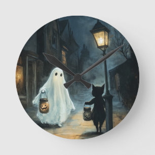 Reloj Redondo Mediano Encuentro de Fantasma y Gato de Halloween