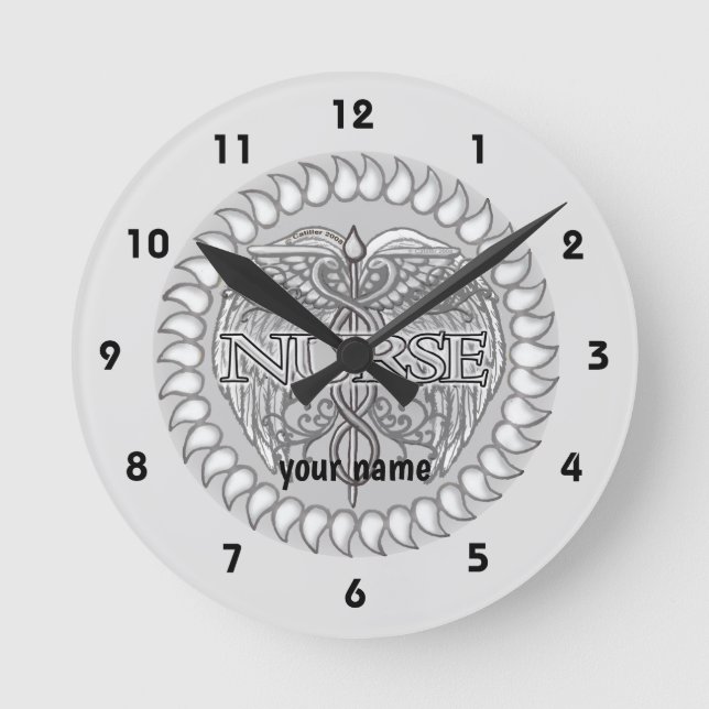 Reloj Redondo Mediano Enfermera del caduceo gris elegante  (Anverso)