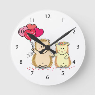 Reloj Redondo Mediano Erizo lindo con globos, pareja recién casada