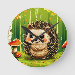 Reloj Redondo Mediano Erizo lindo en el bosque de abedules