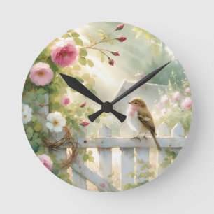 Reloj Redondo Mediano Escena de acuarela de rosa de jardín pájaro