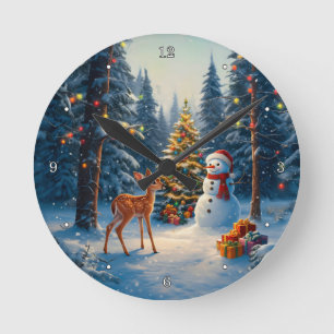 Reloj Redondo Mediano Escena De Árbol De Navidad Cute Deer Fawn Snowman