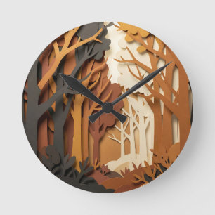 Reloj Redondo Mediano Escena de bosque de otoño con recorte de papel en 