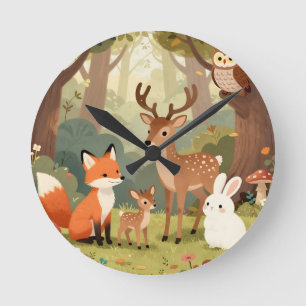 Reloj Redondo Mediano Escena de guardería de animales adorables del bosq