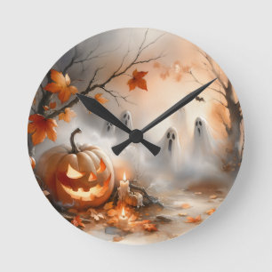 Reloj Redondo Mediano Escena de Halloween caprichosa con calabaza y fant