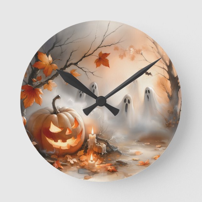 Reloj Redondo Mediano Escena de Halloween caprichosa con calabaza y fant (Anverso)