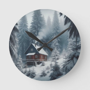 Reloj Redondo Mediano Escena de invierno de cabaña con nieve y pinos