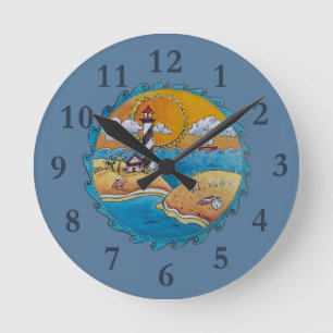 Reloj Redondo Mediano Escena de playa de faro caprichosa Arte popular co