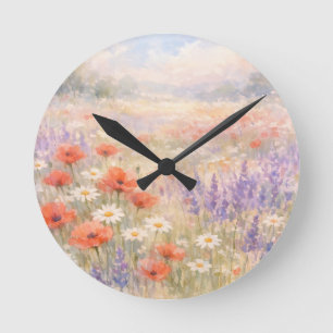 Reloj Redondo Mediano Escena de prado de flores silvestres en acuarela