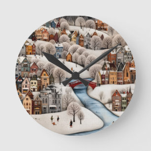 Reloj Redondo Mediano Escena de pueblo invernal, pueblo nevado acogedor