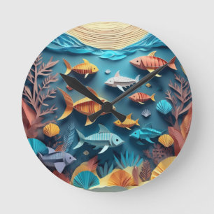 Reloj Redondo Mediano Escena de vida marina de origami en arte de papel 