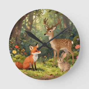 Reloj Redondo Mediano Escena del bosque de animales lindos del bosque
