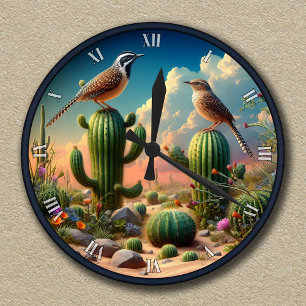Reloj Redondo Mediano Escena del desierto de Arizona con Cactus Wrens pe
