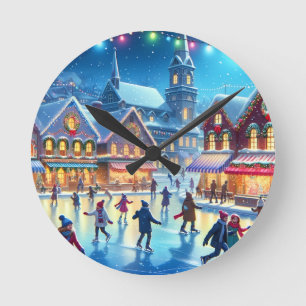 Reloj Redondo Mediano Escena festiva de patinaje sobre hielo en Navidad