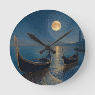 Reloj Redondo Mediano Escena nocturna de góndolas venecianas bajo luna l