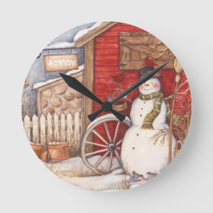 Reloj Redondo Mediano Escena Rústica De Invierno De Snowman