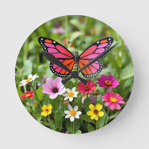 Reloj Redondo Mediano Escena vibrante del jardín de la mariposa monarca