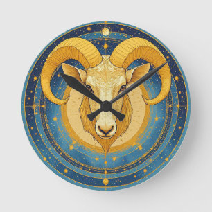 Reloj Redondo Mediano Escudo Dorado de Aries del Zodiaco