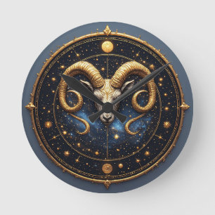 Reloj Redondo Mediano Escudo Dorado de Aries del Zodiaco