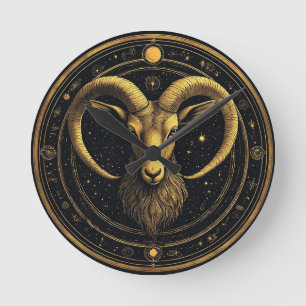 Reloj Redondo Mediano Escudo Dorado de Aries del Zodiaco