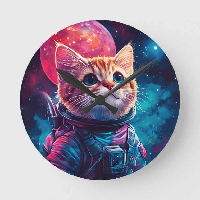 Reloj Redondo Mediano Espacio rosa astronauta de gato (Anverso)