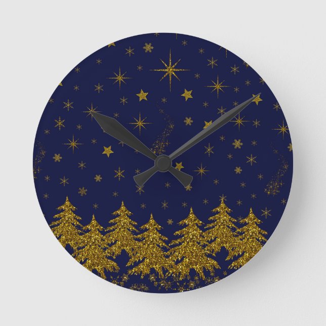 Reloj Redondo Mediano Espinoso árbol de Navidad de oro, estrellas, nieve (Anverso)