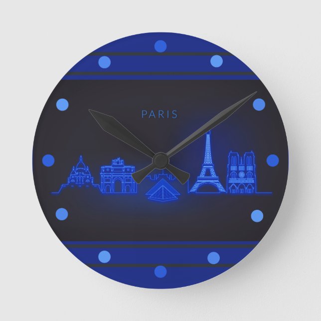 Reloj Redondo Mediano Esquina de París Pared Neon Blue Look Cityscape (Anverso)