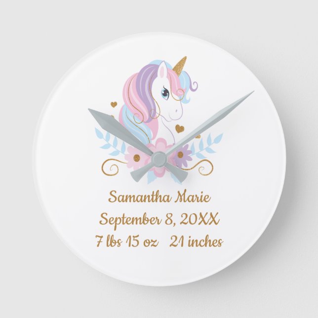 Reloj Redondo Mediano Estadísticas de nacimiento Unicorn Oro Azul Rosa,  (Anverso)