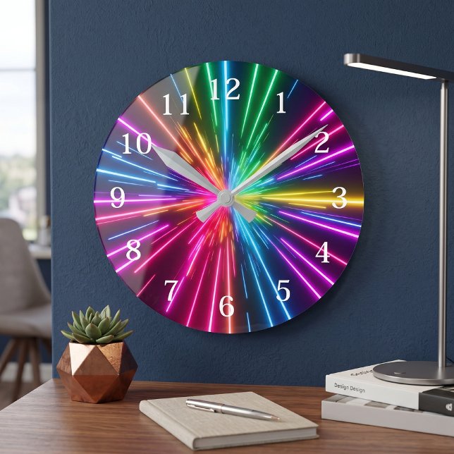 Reloj Redondo Mediano Estallido de luz de arcoíris de neón abstracto col (Subido por el creador)