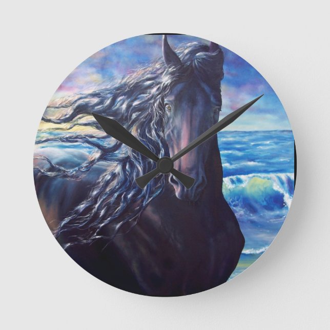 Reloj Redondo Mediano Estallido negro de caballo frisón en el océano arr (Anverso)