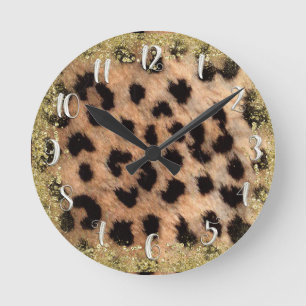 Reloj Redondo Mediano Estampa Animal Guepardo Leopardo Brillante Dorado 